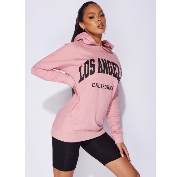 Pink Los Angeles Print Long Sleeve Oversized Hoodie Hooded Sweatshirt Top - Picture 7 of 8